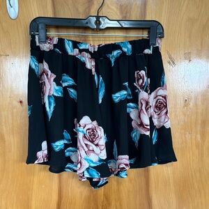 Floral Black Shorts with Pink and Green Roses